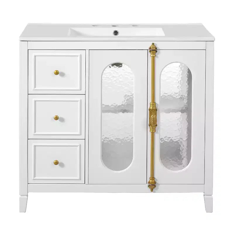 Meuble-lavabo de salle de bain 36 po avec rangement, armoire de plancher de salle de bain en bois avec tiroirs et portes à fermeture amortie,