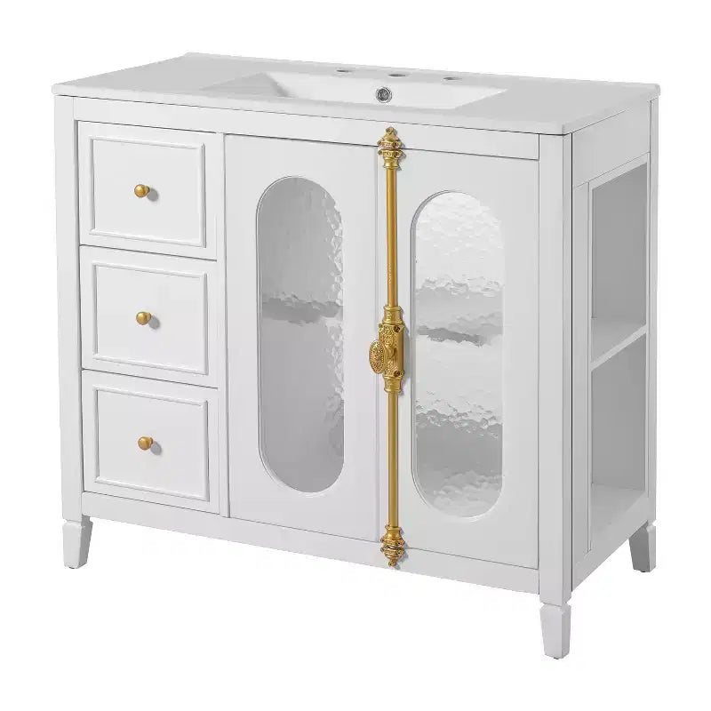 Meuble-lavabo de salle de bain 36 po avec rangement, armoire de plancher de salle de bain en bois avec tiroirs et portes à fermeture amortie,