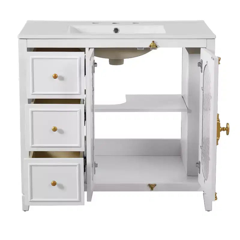 Meuble-lavabo de salle de bain 36 po avec rangement, armoire de plancher de salle de bain en bois avec tiroirs et portes à fermeture amortie,