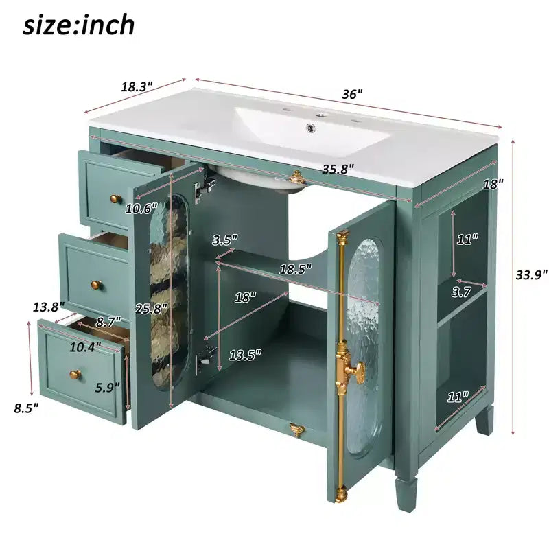 Meuble-lavabo de salle de bain 36 po avec rangement, armoire de plancher de salle de bain en bois avec tiroirs et portes à fermeture amortie,