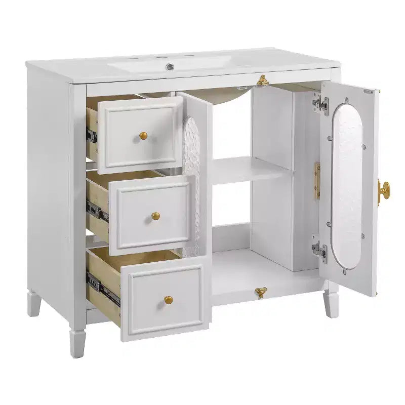 Meuble-lavabo de salle de bain 36 po avec rangement, armoire de plancher de salle de bain en bois avec tiroirs et portes à fermeture amortie,