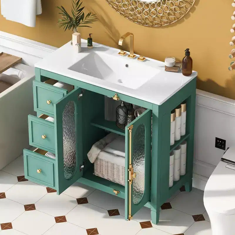 Meuble-lavabo de salle de bain 36 po avec rangement, armoire de plancher de salle de bain en bois avec tiroirs et portes à fermeture amortie,