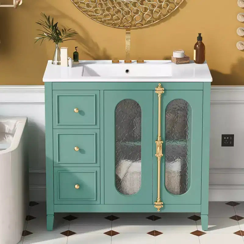 Meuble-lavabo de salle de bain 36 po avec rangement, armoire de plancher de salle de bain en bois avec tiroirs et portes à fermeture amortie,