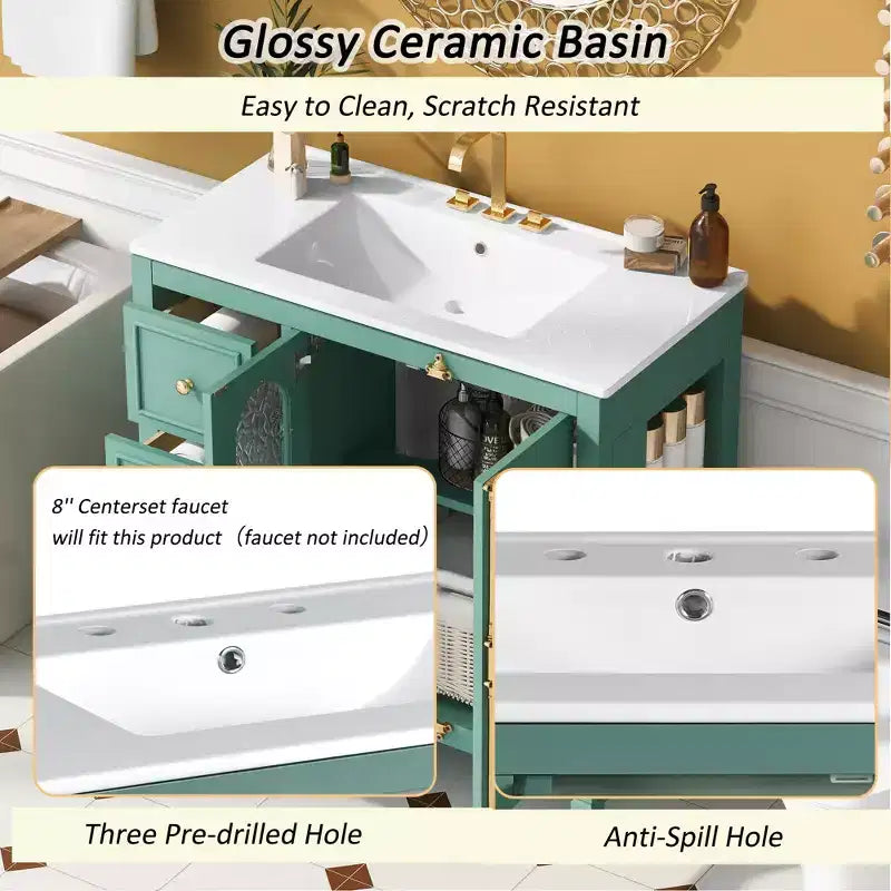 Meuble-lavabo de salle de bain 36 po avec rangement, armoire de plancher de salle de bain en bois avec tiroirs et portes à fermeture amortie,