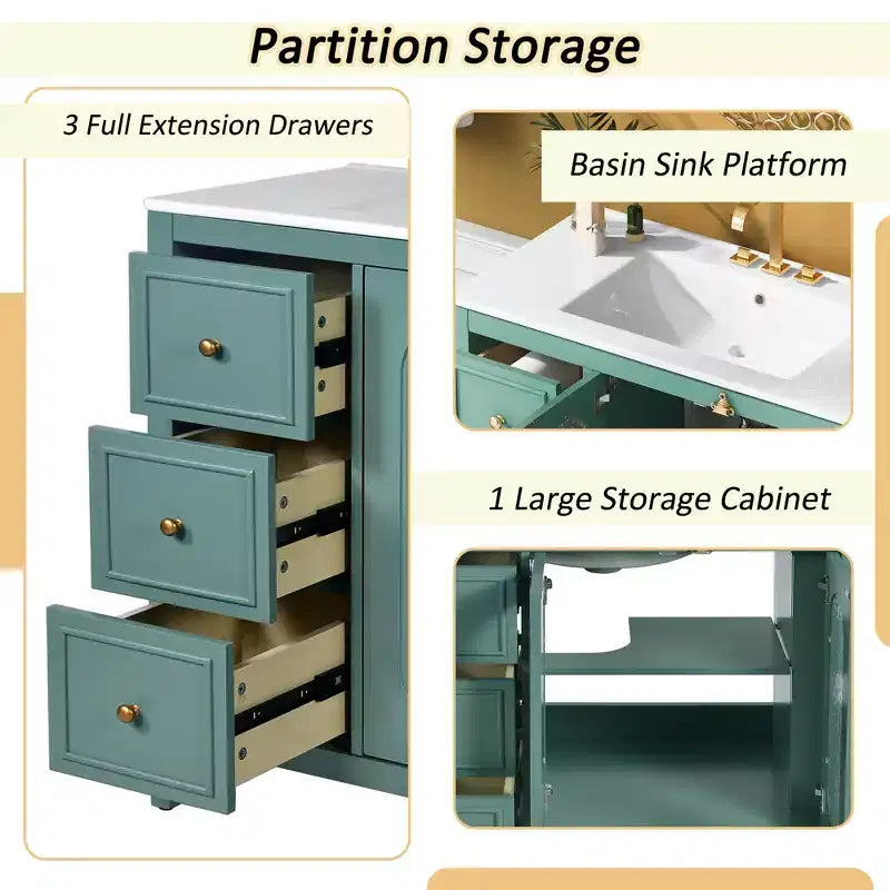 Meuble-lavabo de salle de bain 36 po avec rangement, armoire de plancher de salle de bain en bois avec tiroirs et portes à fermeture amortie,