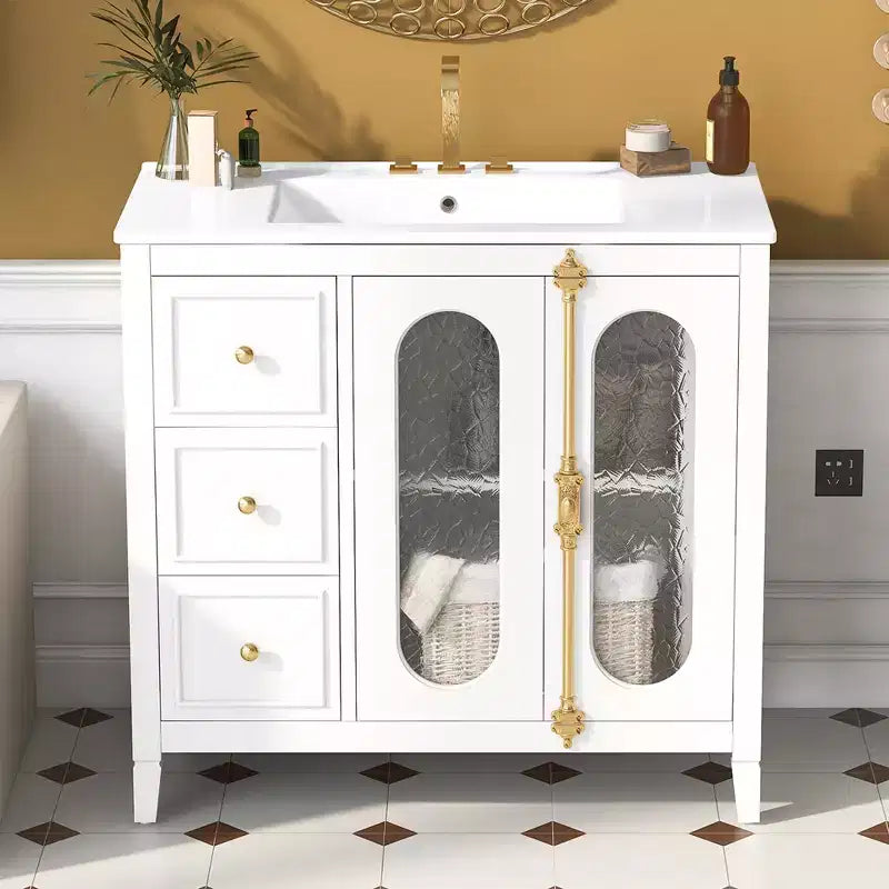 Meuble-lavabo de salle de bain 36 po avec rangement, armoire de plancher de salle de bain en bois avec tiroirs et portes à fermeture amortie,