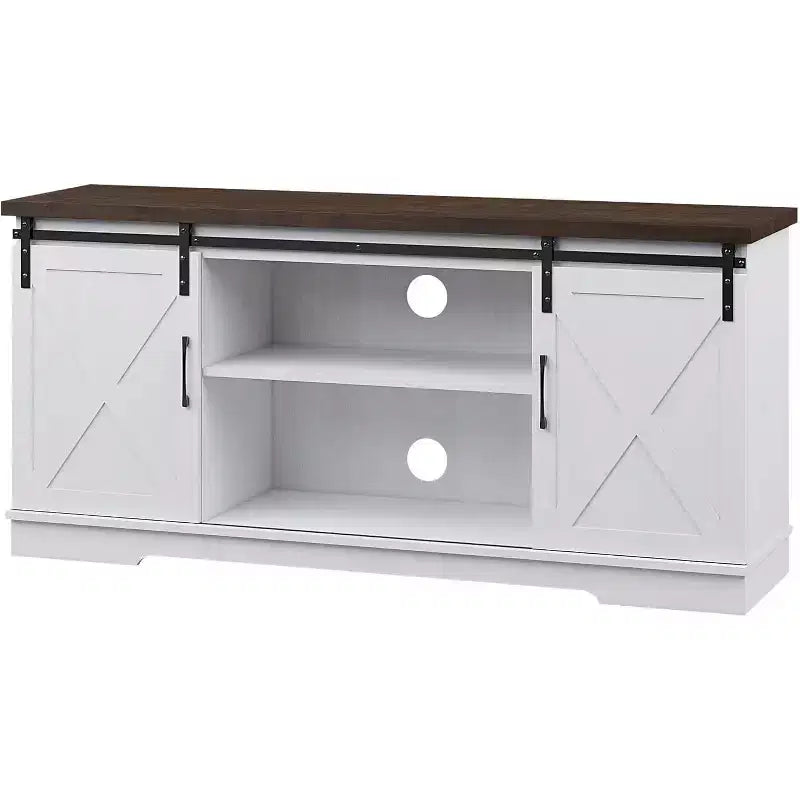 Farmhouse TV Stand for Televisions up to 65 Inches, Entertainment Center with Sliding Barn Doors, Storage CabinetsAdjustable, White & Brown