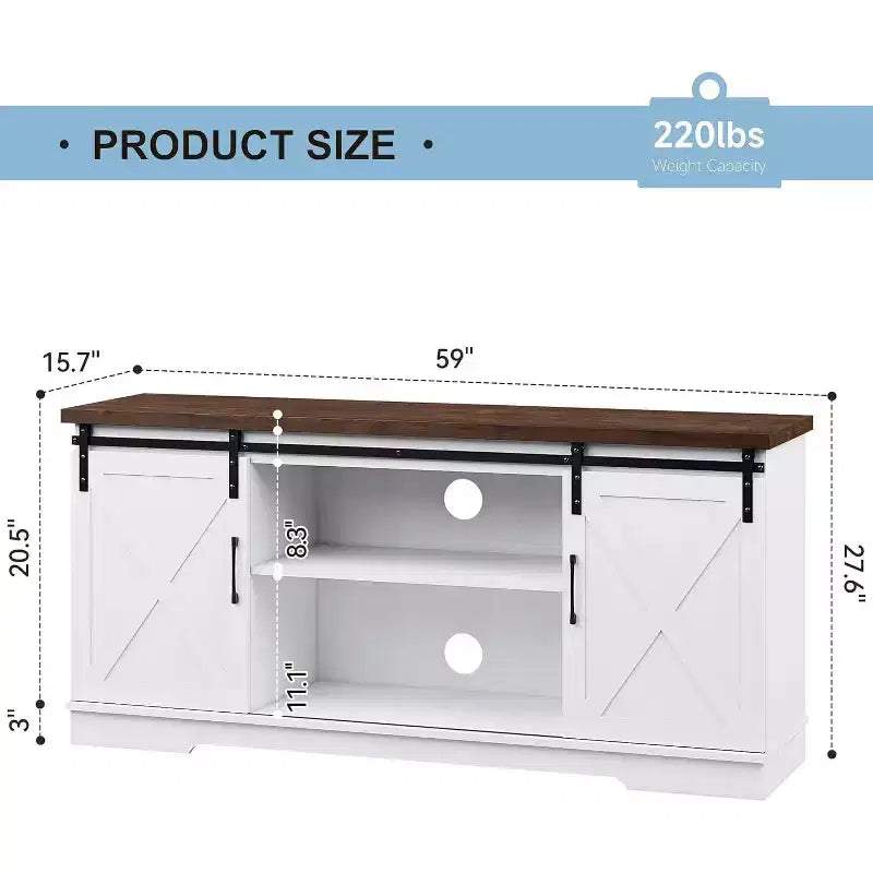 Meuble TV de style rustique pour téléviseurs jusqu'à 65 pouces, meuble de divertissement avec portes coulissantes de grange, armoires de rangement réglables, blanc et marron