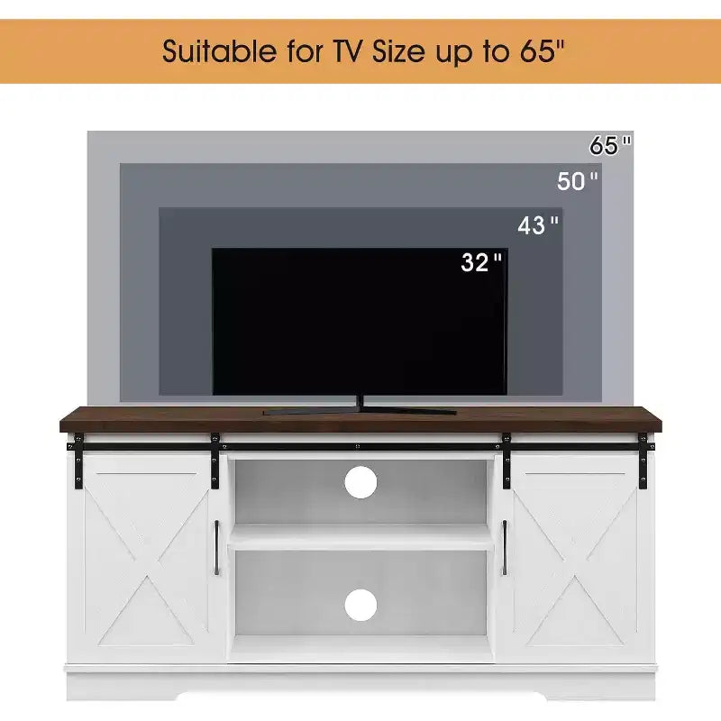 Meuble TV de style rustique pour téléviseurs jusqu'à 65 pouces, meuble de divertissement avec portes coulissantes de grange, armoires de rangement réglables, blanc et marron