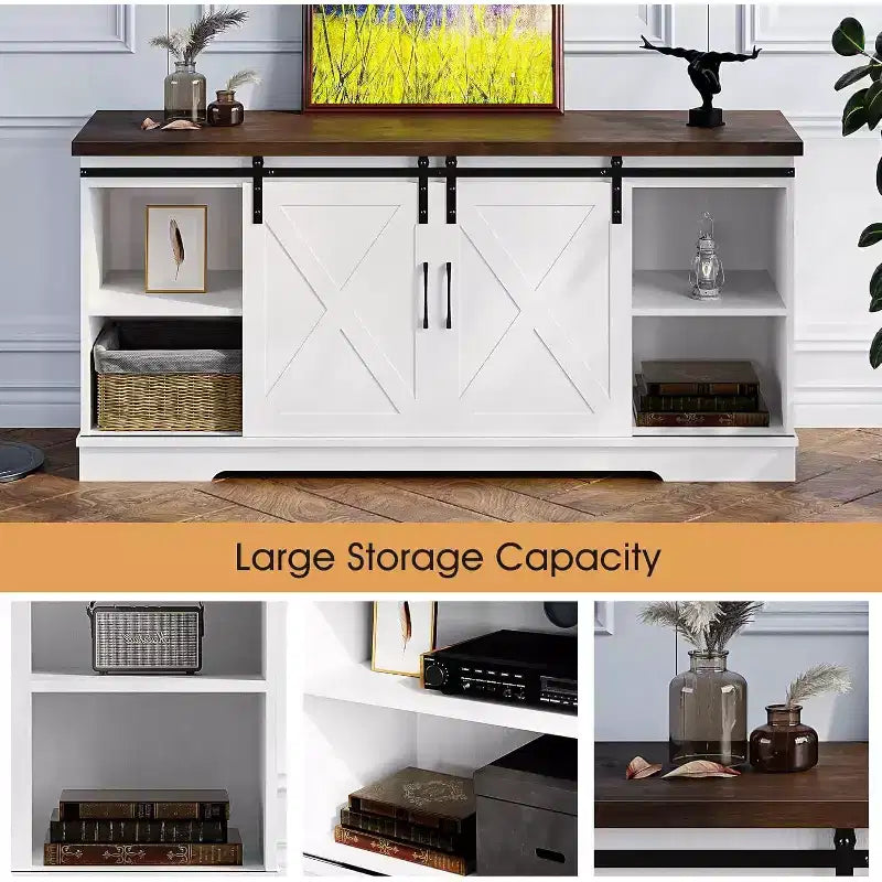 Meuble TV de style rustique pour téléviseurs jusqu'à 65 pouces, meuble de divertissement avec portes coulissantes de grange, armoires de rangement réglables, blanc et marron
