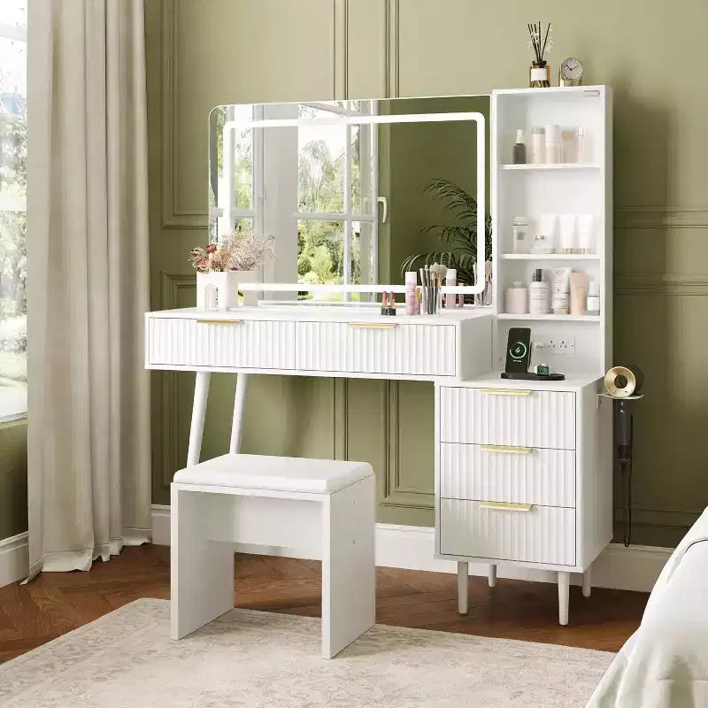 Coiffeuse de 122 cm avec miroir LED 36, 5 tiroirs et étagères, lumières réglables avec station de recharge pour chambre à coucher