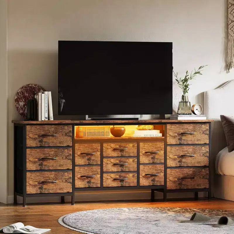 Meuble TV long Acekool à 13 tiroirs avec prise de courant, grand meuble de rangement pour chambre, salon, entrée