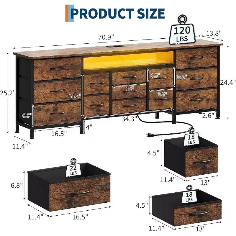 Meuble TV long Acekool à 13 tiroirs avec prise de courant, grand meuble de rangement pour chambre, salon, entrée