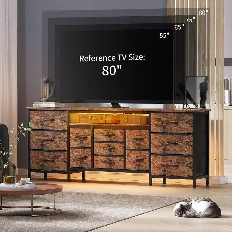 Meuble TV long Acekool à 13 tiroirs avec prise de courant, grand meuble de rangement pour chambre, salon, entrée