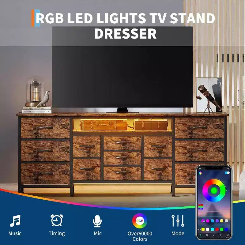 Meuble TV long Acekool à 13 tiroirs avec prise de courant, grand meuble de rangement pour chambre, salon, entrée
