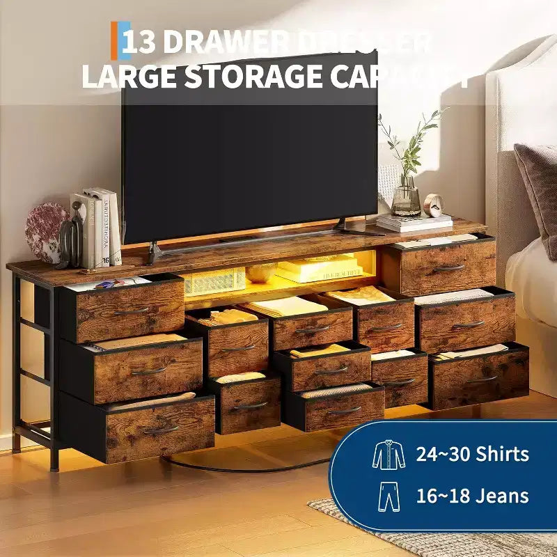 Meuble TV long Acekool à 13 tiroirs avec prise de courant, grand meuble de rangement pour chambre, salon, entrée