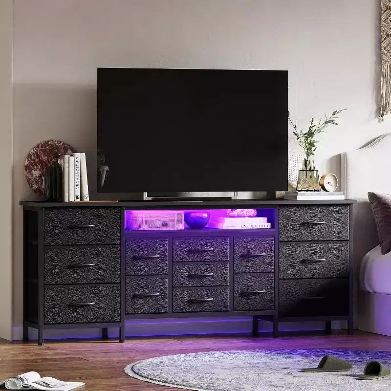 Meuble TV long Acekool à 13 tiroirs avec prise de courant, grand meuble de rangement pour chambre, salon, entrée