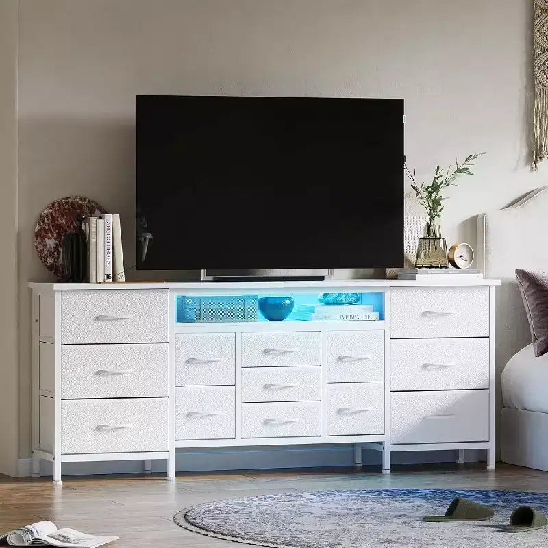 Meuble TV long Acekool à 13 tiroirs avec prise de courant, grand meuble de rangement pour chambre, salon, entrée