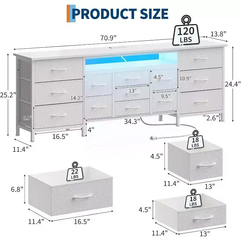 Meuble TV long Acekool à 13 tiroirs avec prise de courant, grand meuble de rangement pour chambre, salon, entrée