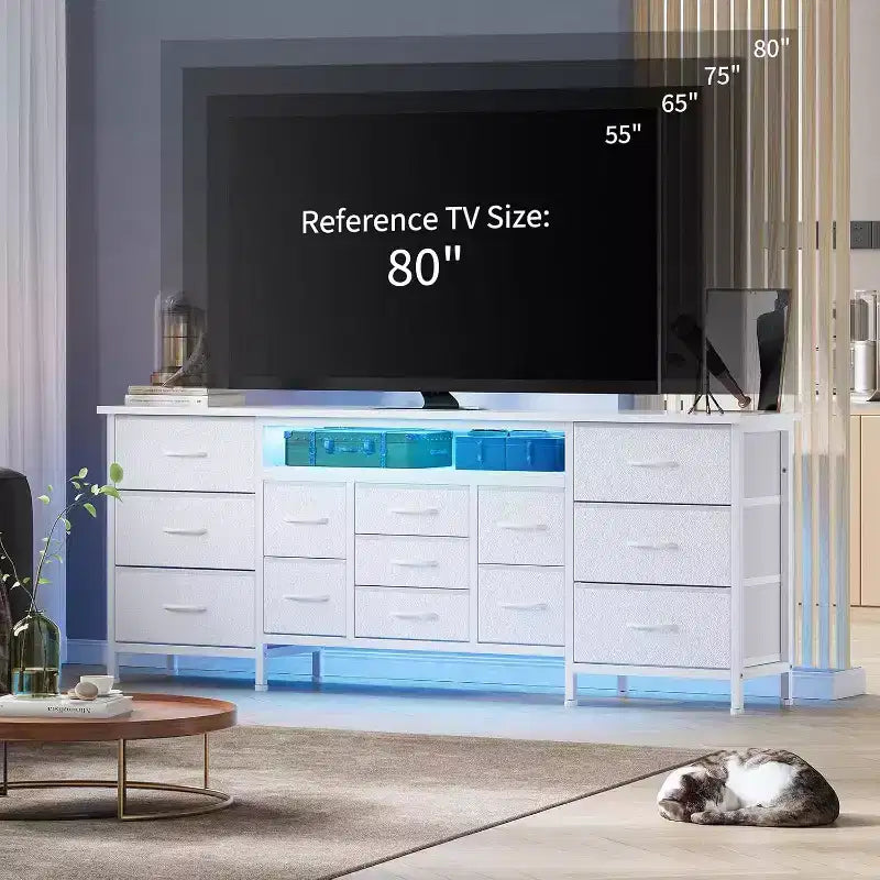 Meuble TV long Acekool à 13 tiroirs avec prise de courant, grand meuble de rangement pour chambre, salon, entrée