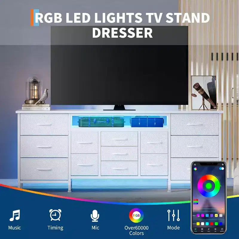 Meuble TV long Acekool à 13 tiroirs avec prise de courant, grand meuble de rangement pour chambre, salon, entrée