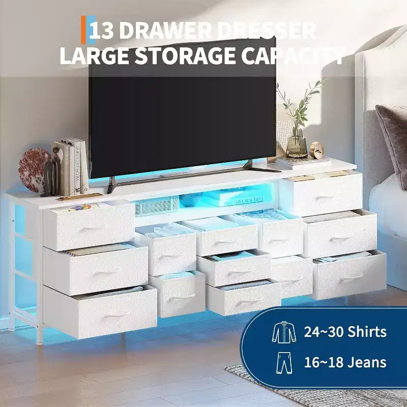 Meuble TV long Acekool à 13 tiroirs avec prise de courant, grand meuble de rangement pour chambre, salon, entrée