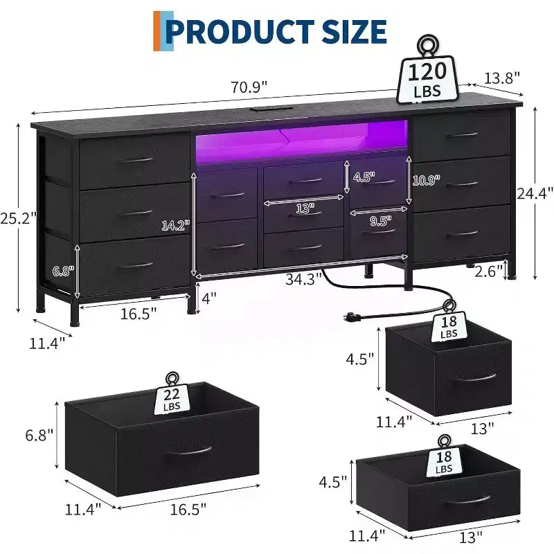 Meuble TV long Acekool à 13 tiroirs avec prise de courant, grand meuble de rangement pour chambre, salon, entrée