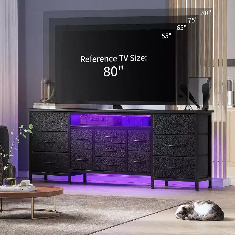Meuble TV long Acekool à 13 tiroirs avec prise de courant, grand meuble de rangement pour chambre, salon, entrée