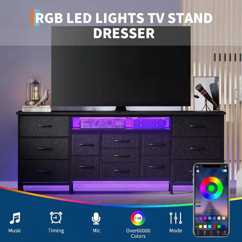 Meuble TV long Acekool à 13 tiroirs avec prise de courant, grand meuble de rangement pour chambre, salon, entrée