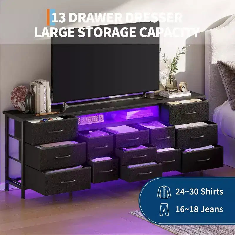 Meuble TV long Acekool à 13 tiroirs avec prise de courant, grand meuble de rangement pour chambre, salon, entrée
