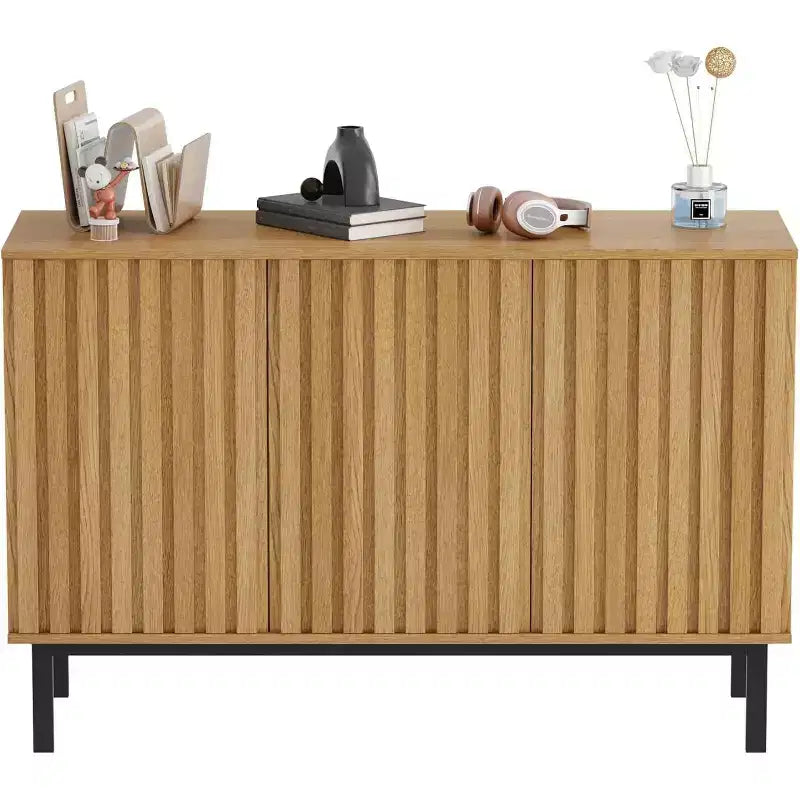 Sideboard Buffet Cabinet with Fluted Doors, Modern Wood Storage Cabinet with Adjustable Shelf, Freestanding Coffee Bar for Dining Room, Living Room