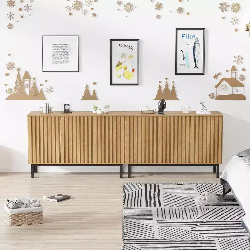 Meuble Buffet avec Portes Cannelées, Armoire de Rangement Moderne en Bois avec Étagère Réglable, Bar à Café Autoportant pour Salle à Manger, Salon