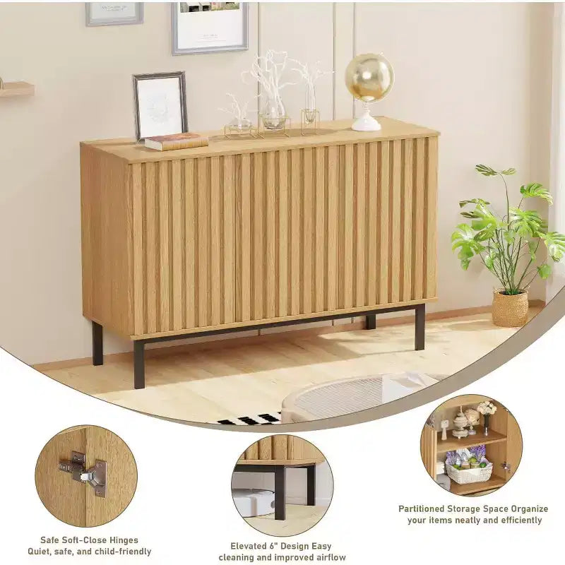 Meuble Buffet avec Portes Cannelées, Armoire de Rangement Moderne en Bois avec Étagère Réglable, Bar à Café Autoportant pour Salle à Manger, Salon