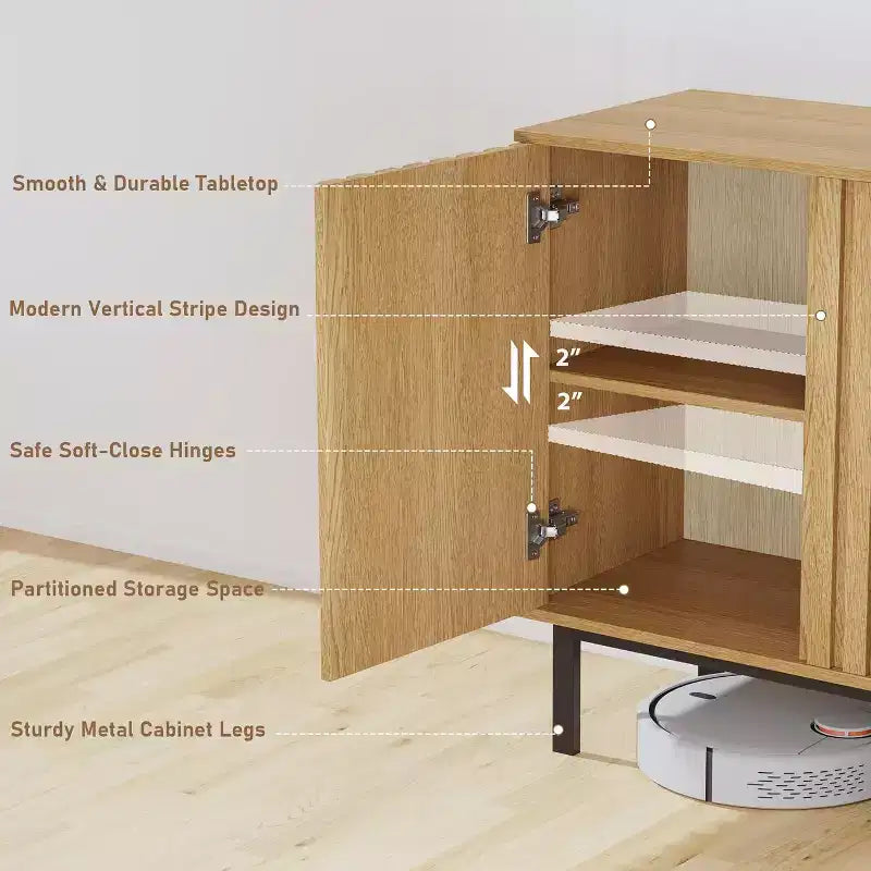 Meuble Buffet avec Portes Cannelées, Armoire de Rangement Moderne en Bois avec Étagère Réglable, Bar à Café Autoportant pour Salle à Manger, Salon