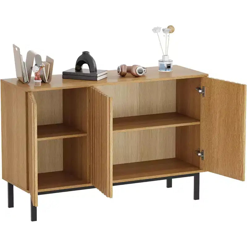Meuble Buffet avec Portes Cannelées, Armoire de Rangement Moderne en Bois avec Étagère Réglable, Bar à Café Autoportant pour Salle à Manger, Salon
