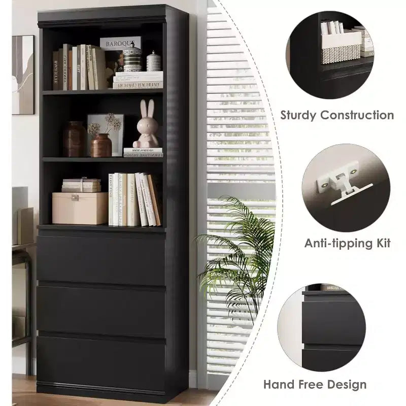 Bibliothèque haute Acekool 70 avec tiroirs, meuble de rangement moderne en bois profond pour bureau ou cuisine