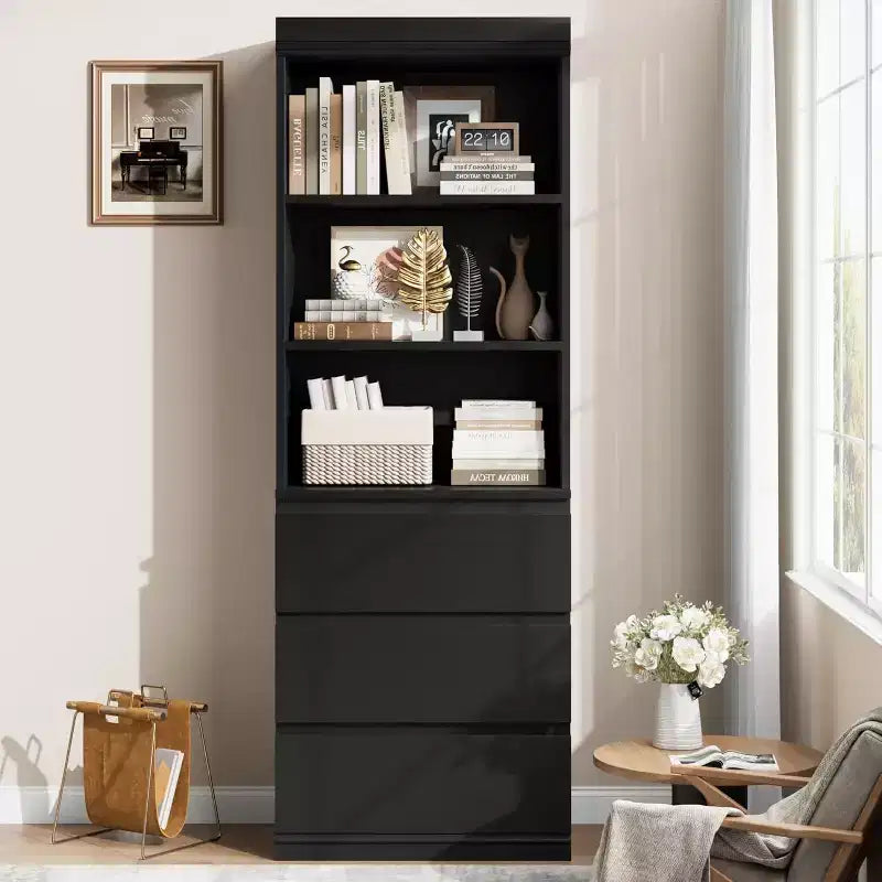 Bibliothèque haute Acekool 70 avec tiroirs, meuble de rangement moderne en bois profond pour bureau ou cuisine