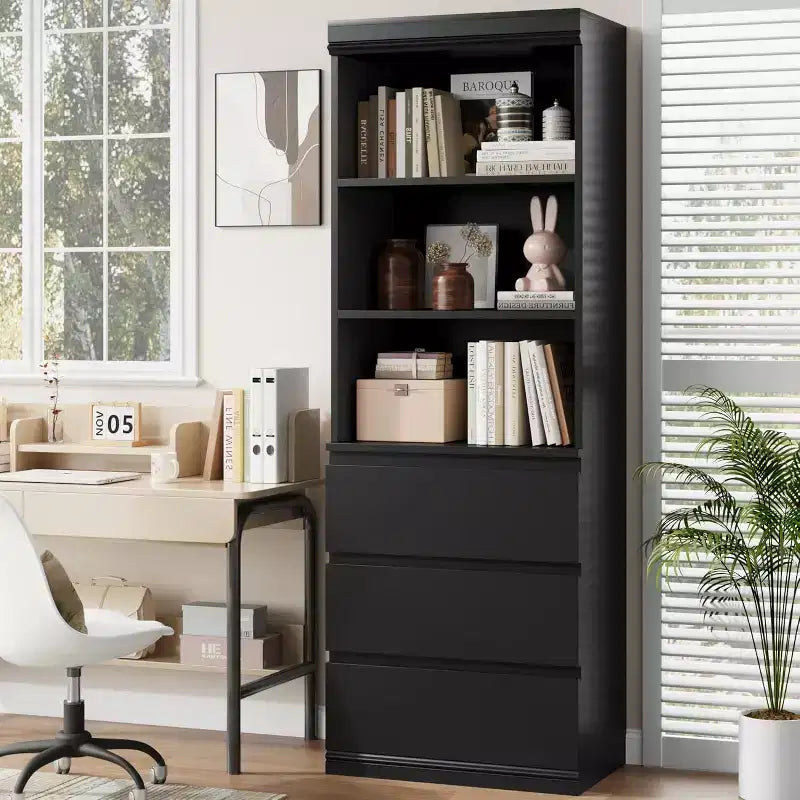 Bibliothèque haute Acekool 70 avec tiroirs, meuble de rangement moderne en bois profond pour bureau ou cuisine