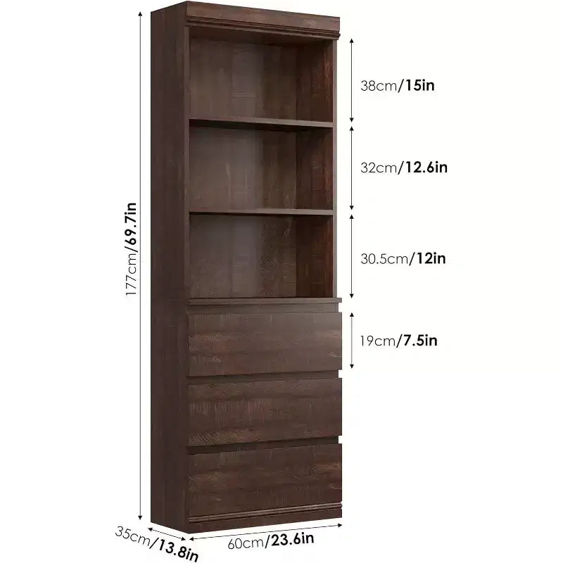 Bibliothèque haute Acekool 70 avec tiroirs, meuble de rangement moderne en bois profond pour bureau ou cuisine