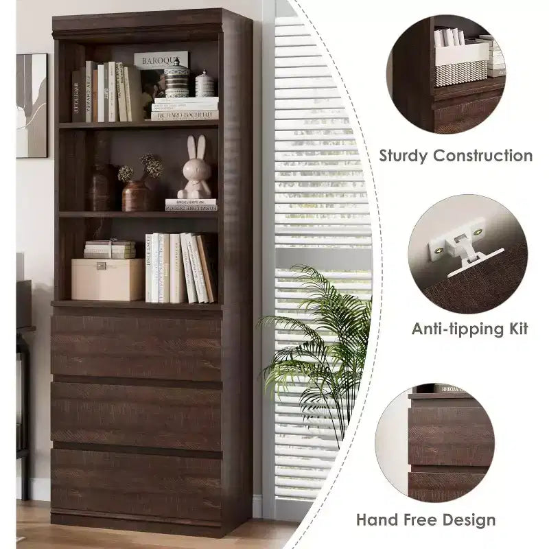 Bibliothèque haute Acekool 70 avec tiroirs, meuble de rangement moderne en bois profond pour bureau ou cuisine