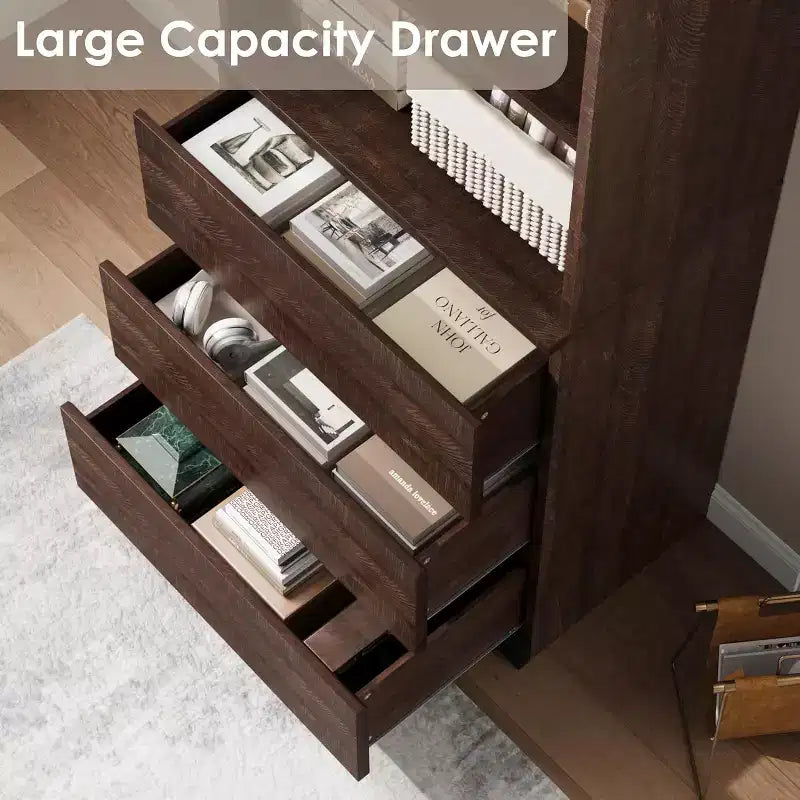 Bibliothèque haute Acekool 70 avec tiroirs, meuble de rangement moderne en bois profond pour bureau ou cuisine
