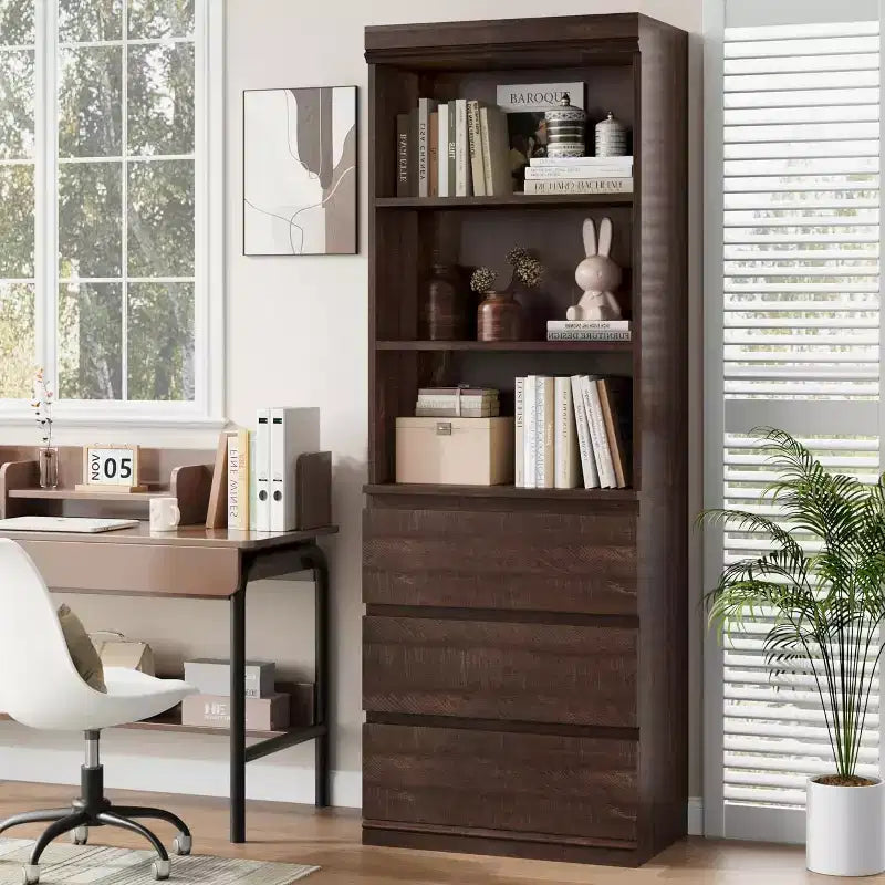 Bibliothèque haute Acekool 70 avec tiroirs, meuble de rangement moderne en bois profond pour bureau ou cuisine