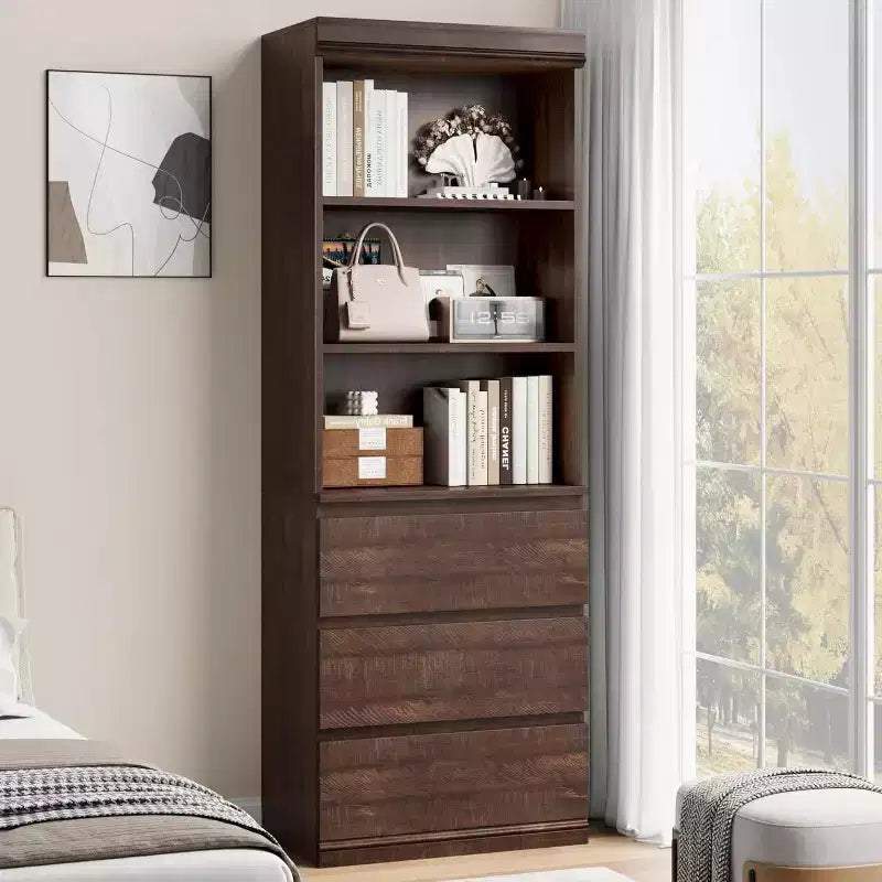 Bibliothèque haute Acekool 70 avec tiroirs, meuble de rangement moderne en bois profond pour bureau ou cuisine