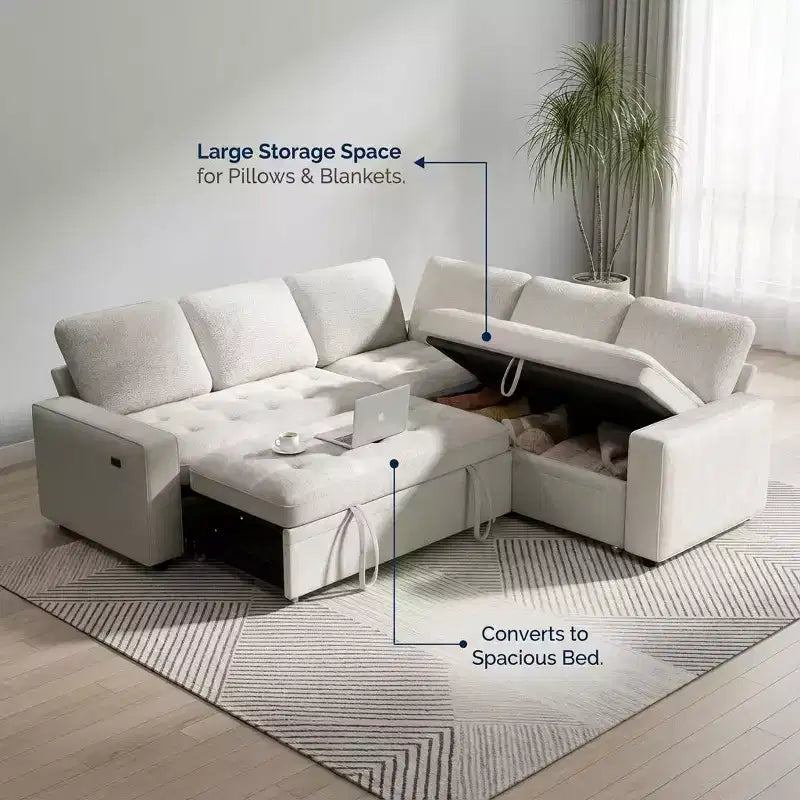Canapé-lit modulaire 5 places Dyonery, en L, avec fonction relaxation, rangement, ports USB et tissu chenille, pour petits espaces