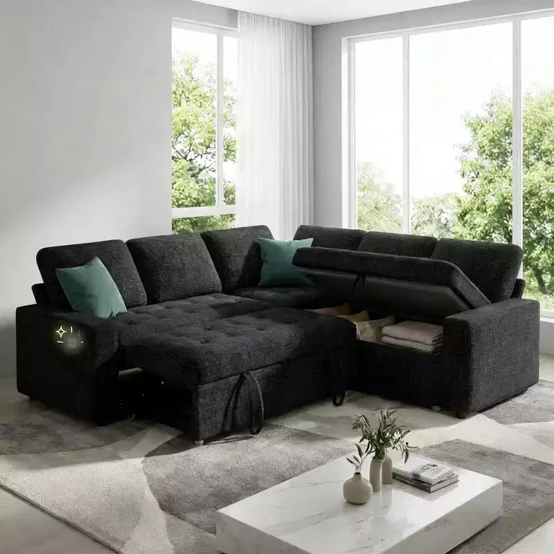 Canapé-lit modulaire 5 places Dyonery, en L, avec fonction relaxation, rangement, ports USB et tissu chenille, pour petits espaces