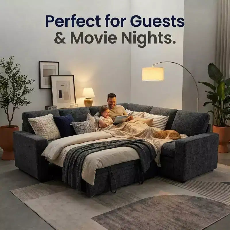Canapé-lit modulaire 5 places Dyonery, en L, avec fonction relaxation, rangement, ports USB et tissu chenille, pour petits espaces