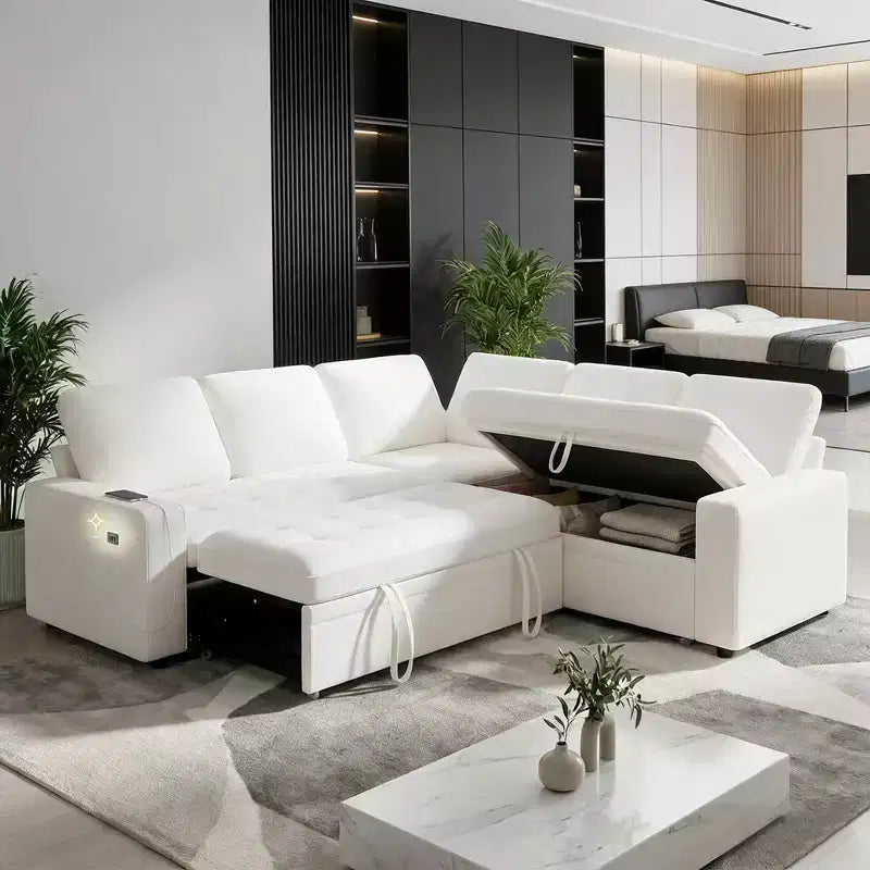 Canapé-lit modulaire 5 places Dyonery, en L, avec fonction relaxation, rangement, ports USB et tissu chenille, pour petits espaces