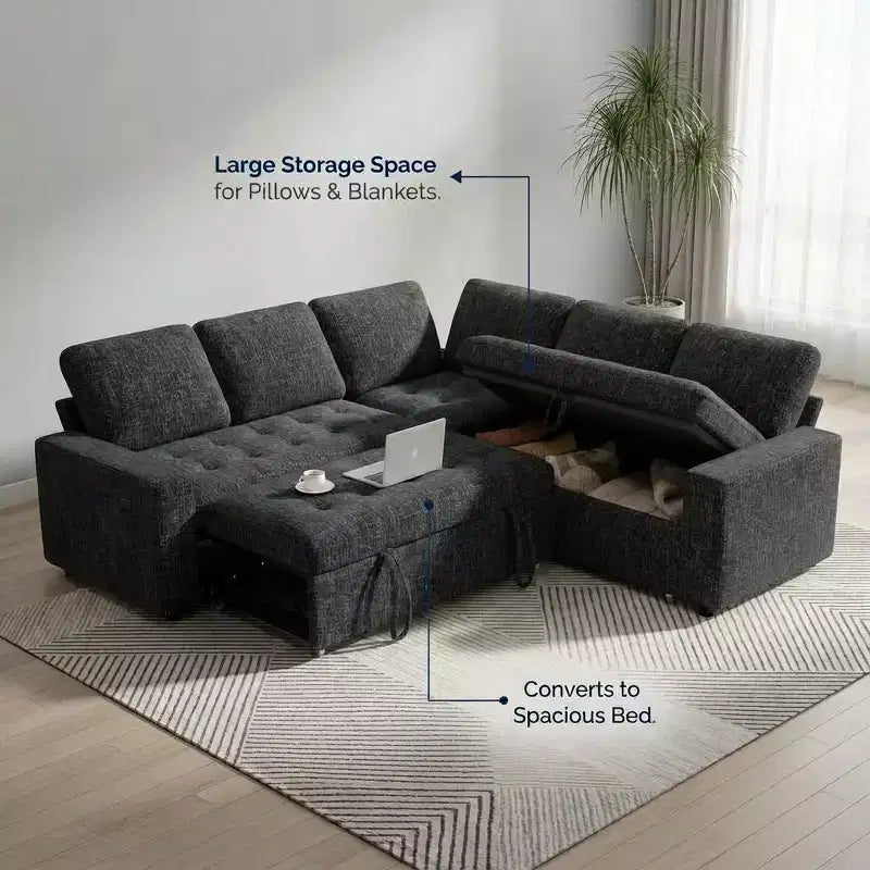 Canapé-lit modulaire 5 places Dyonery, en L, avec fonction relaxation, rangement, ports USB et tissu chenille, pour petits espaces