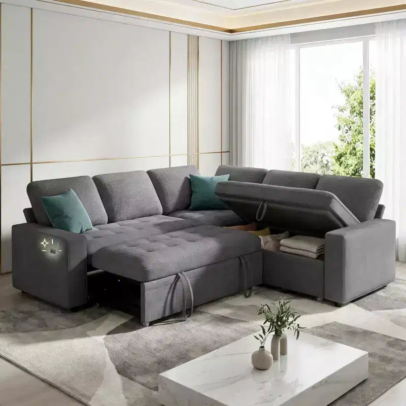Canapé-lit modulaire 5 places Dyonery, en L, avec fonction relaxation, rangement, ports USB et tissu chenille, pour petits espaces