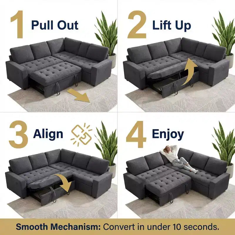 Canapé-lit modulaire 5 places Dyonery, en L, avec fonction relaxation, rangement, ports USB et tissu chenille, pour petits espaces
